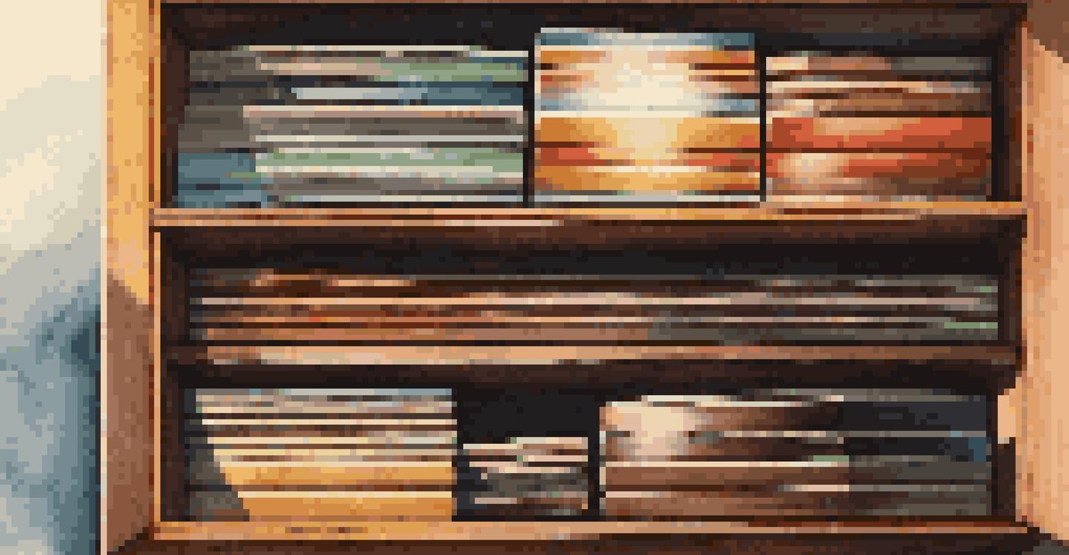 Close-up of colorful vintage vinyl records stacked on a wooden shelf illuminated by soft sunlight.