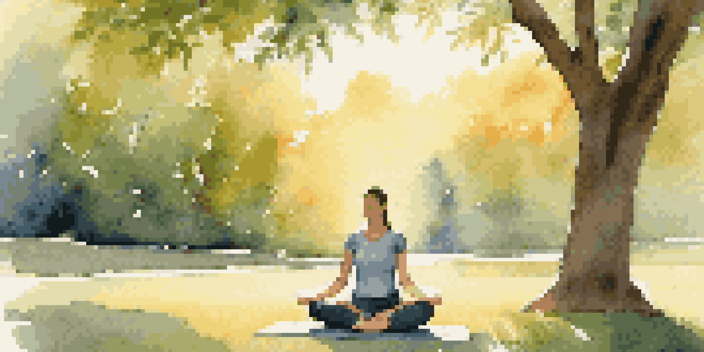 A person practicing deep breathing in a quiet park at sunset, surrounded by greenery.