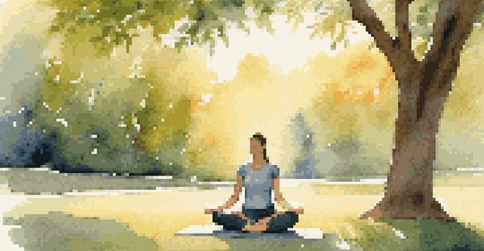 A person practicing deep breathing in a quiet park at sunset, surrounded by greenery.