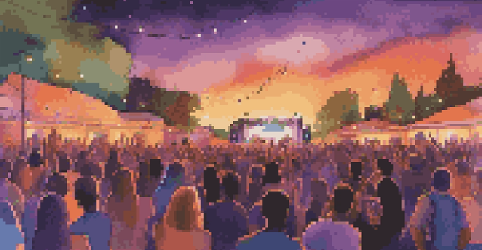 A lively outdoor concert during sunset with a colorful stage and a diverse crowd enjoying the music.