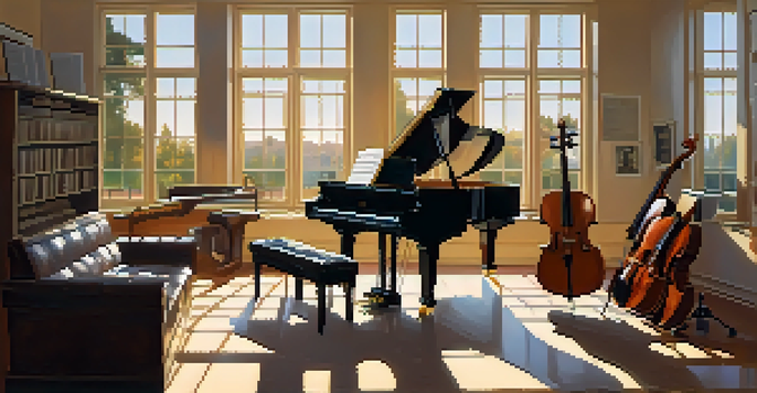 A film scoring studio with a grand piano, sheet music, and musical instruments bathed in soft sunlight.