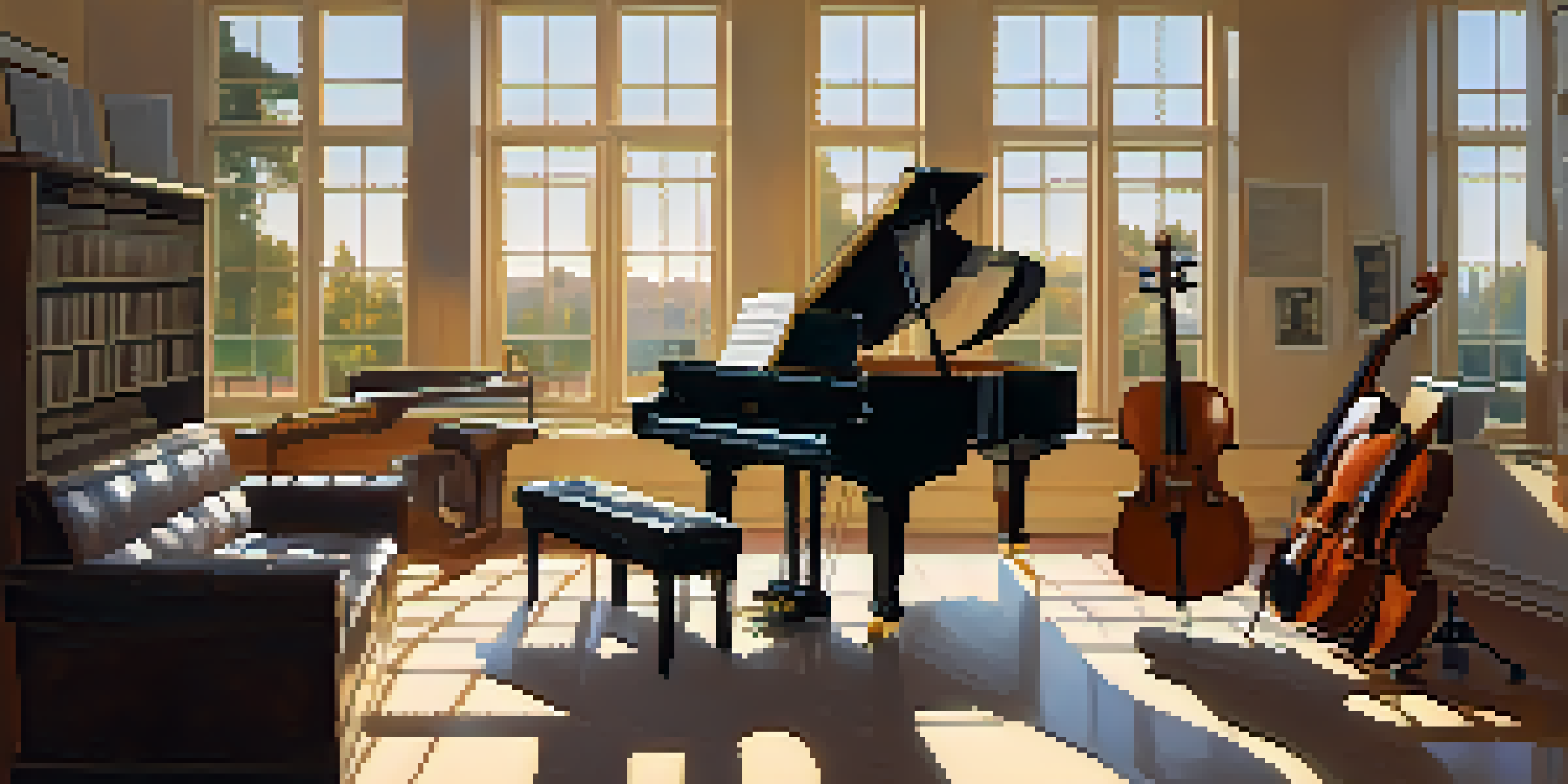 A film scoring studio with a grand piano, sheet music, and musical instruments bathed in soft sunlight.