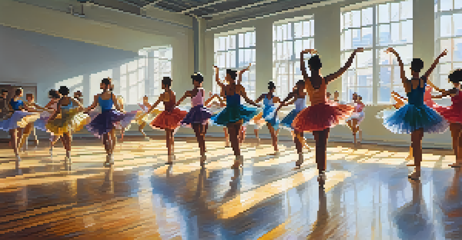 A lively dance rehearsal scene with a group of diverse dancers practicing in a sunlit studio.