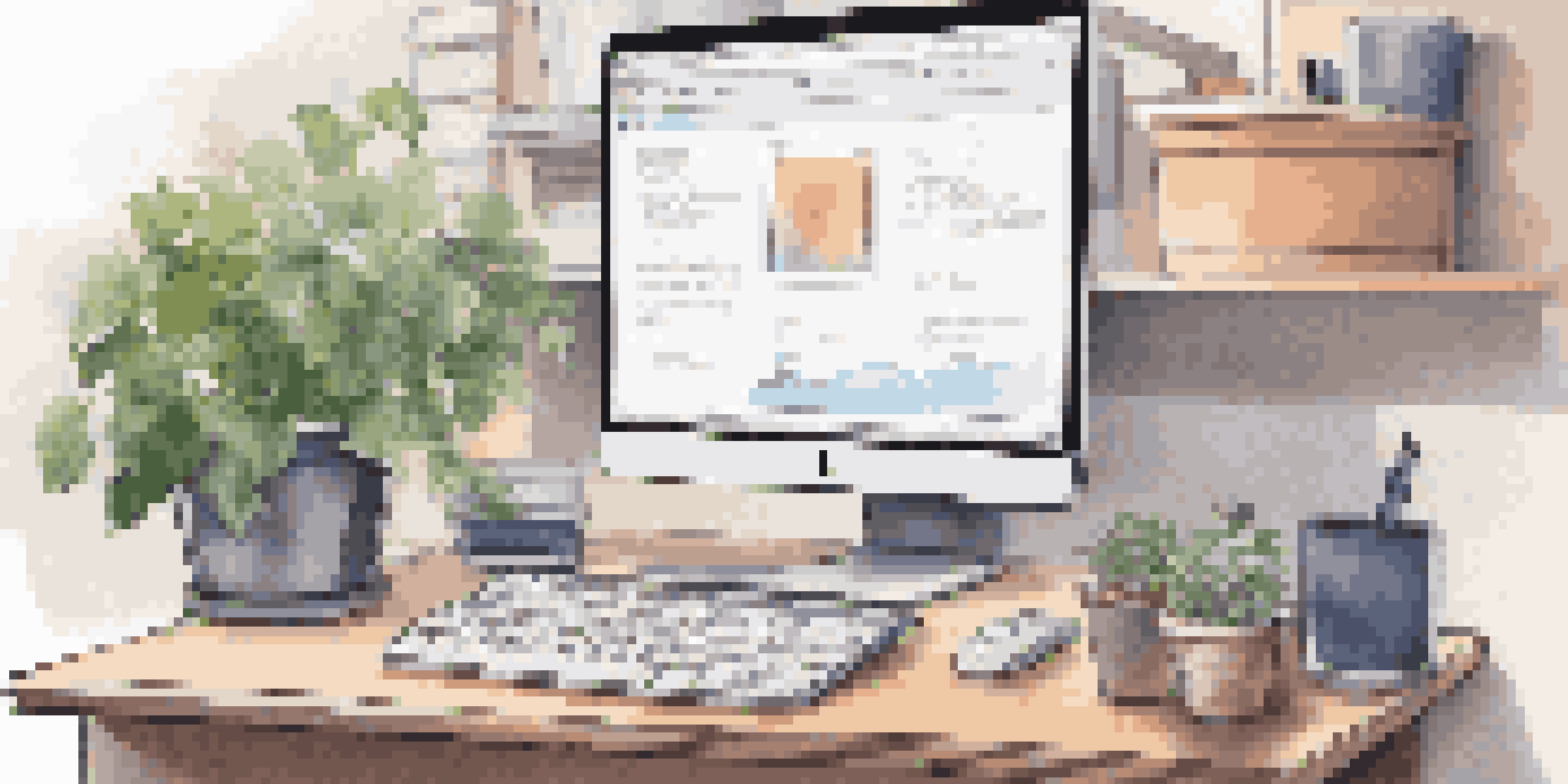 A well-organized digital workspace with a laptop displaying folder structures, colorful folders, and a clean desk layout.