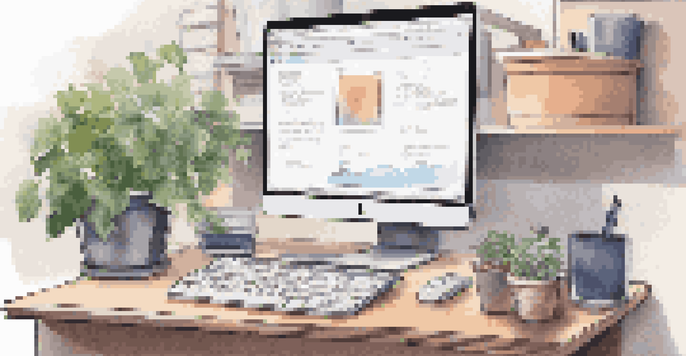 A well-organized digital workspace with a laptop displaying folder structures, colorful folders, and a clean desk layout.