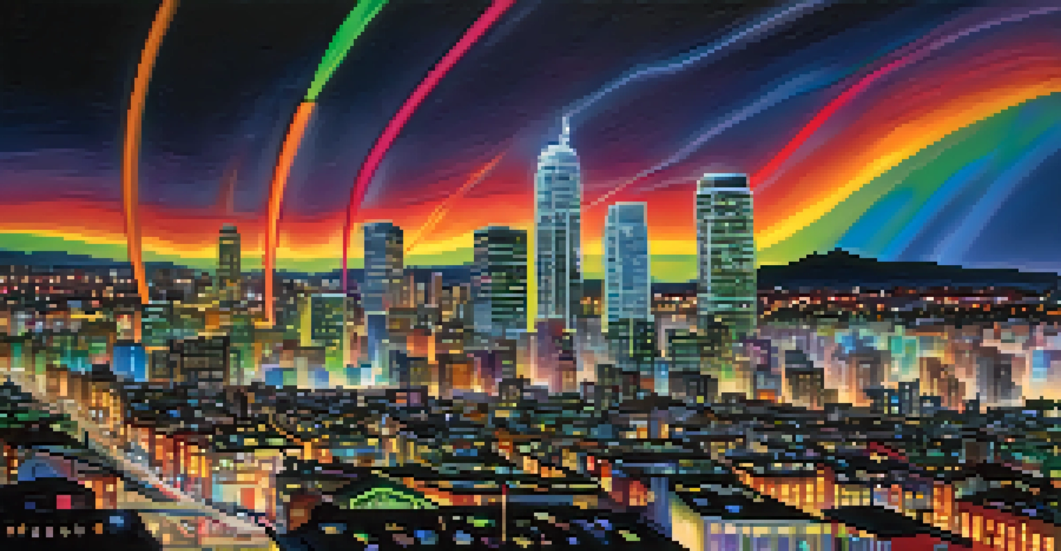 Colorful sound waves flowing through a vibrant cityscape at night.