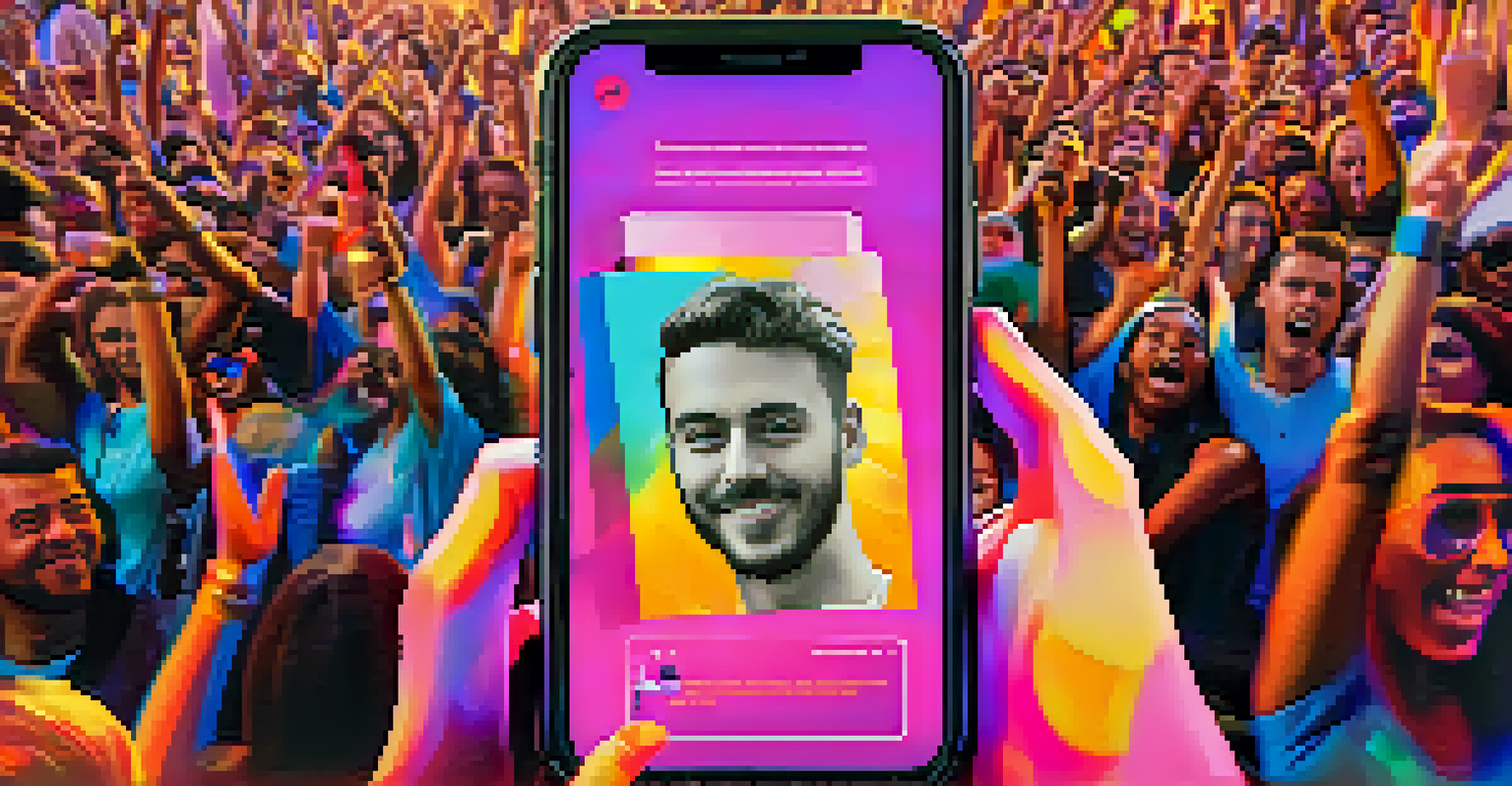 A close-up of a smartphone showing a social media post from a musician, with fans engaging in the background.
