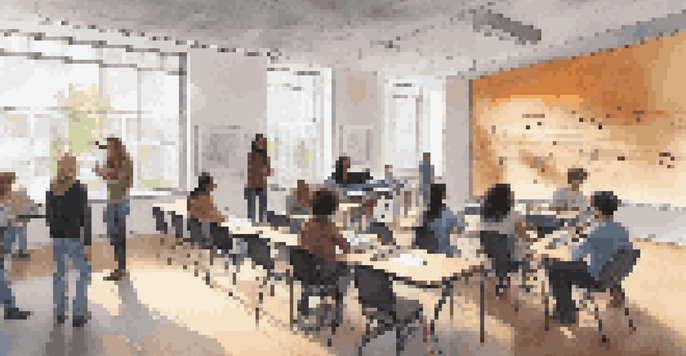 A bright modern music classroom with students using AI-powered tools, diverse students at desks with laptops, and a large screen displaying music feedback.