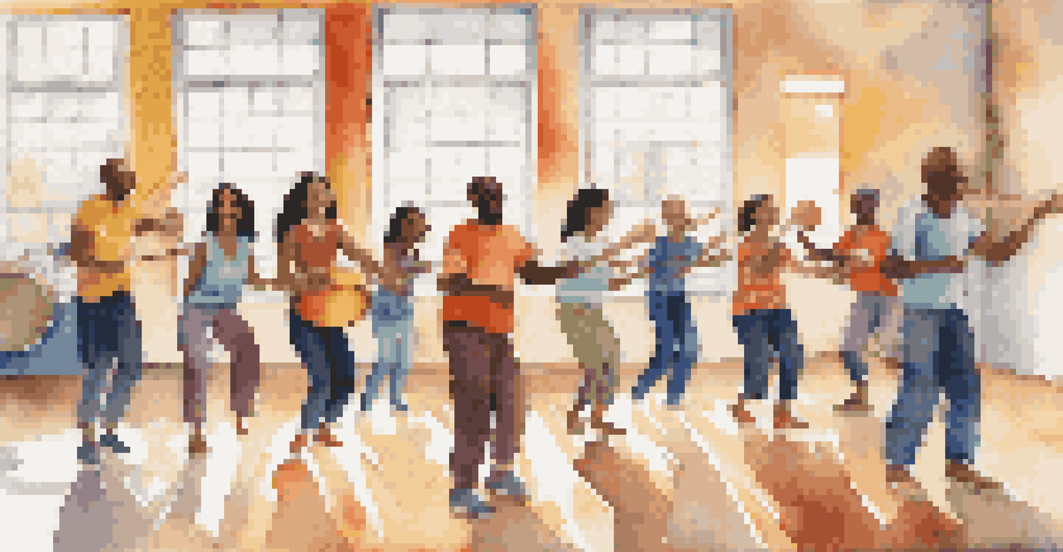 A joyful group activity where individuals drum together, smiling and collaborating in a bright space with natural light.
