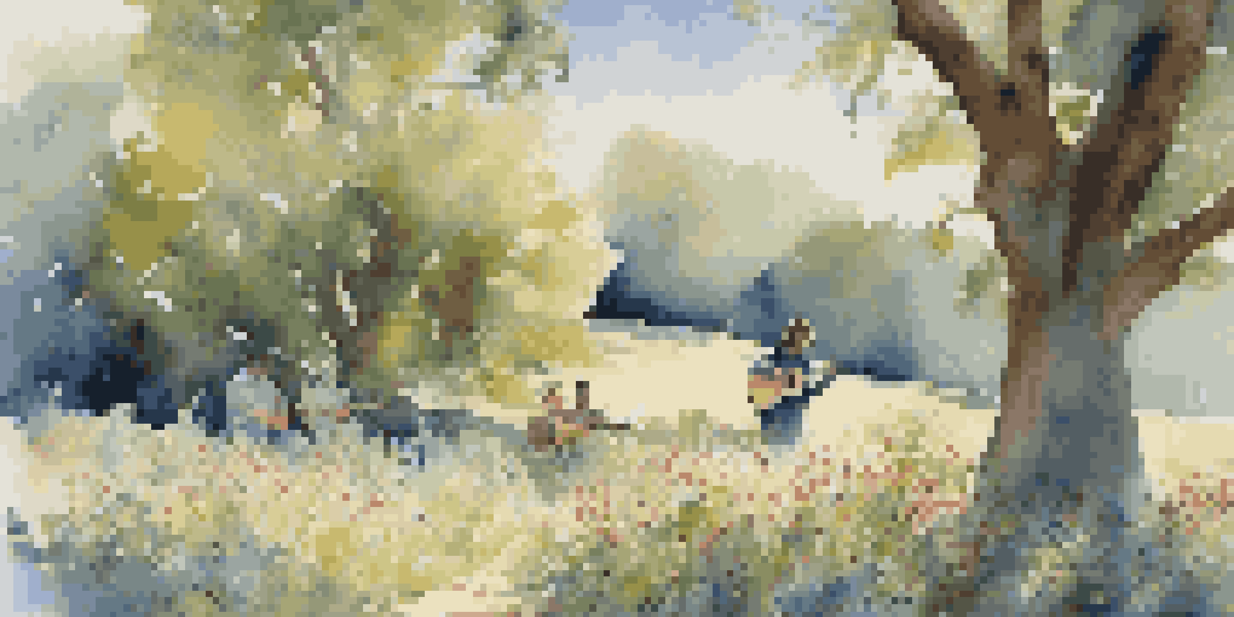 A musician playing an acoustic guitar in a sunny outdoor setting, surrounded by wildflowers and a small audience.