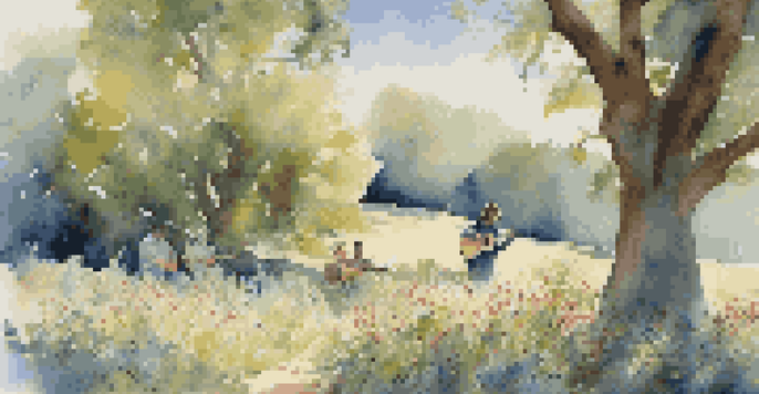 A musician playing an acoustic guitar in a sunny outdoor setting, surrounded by wildflowers and a small audience.