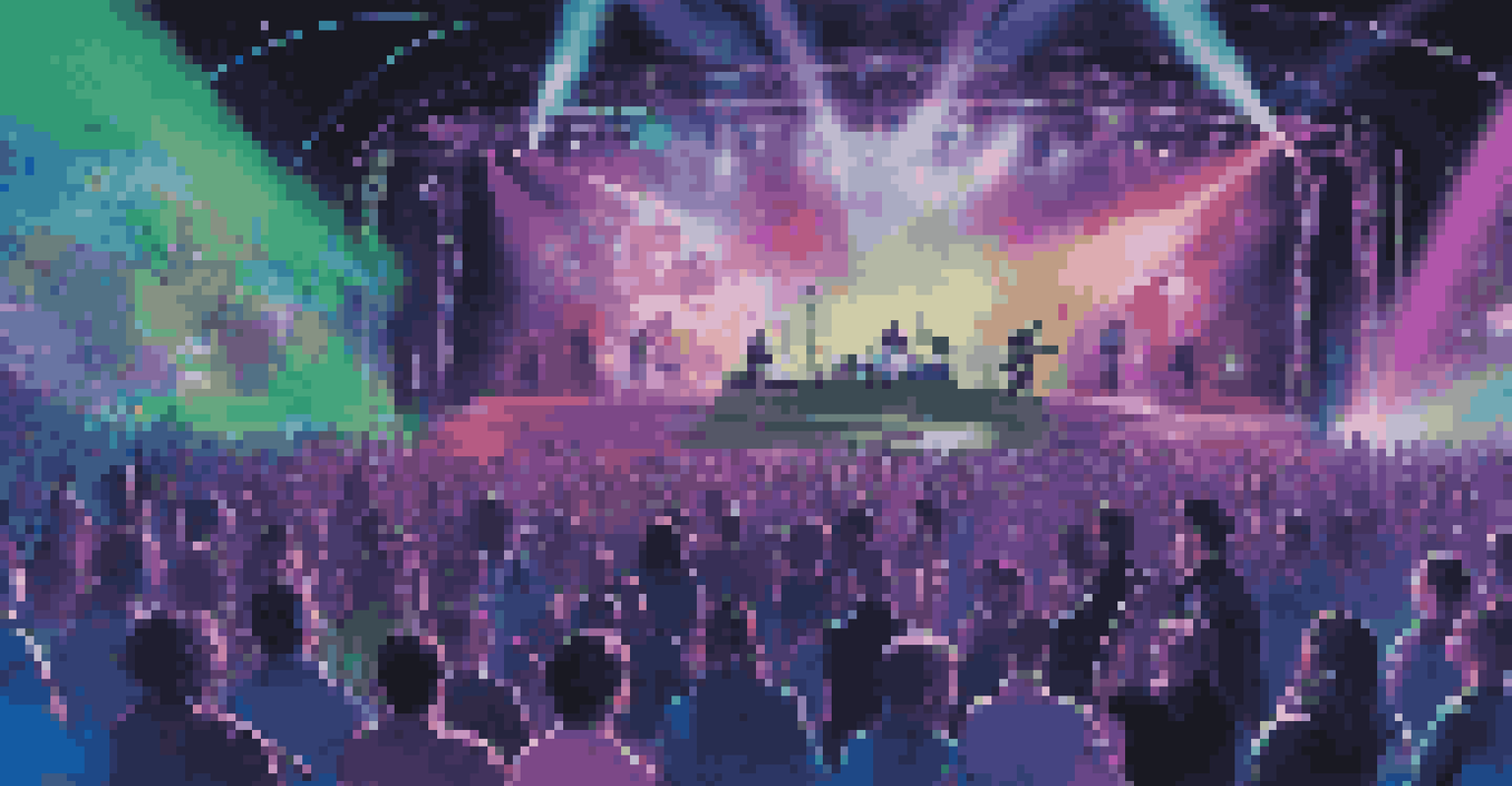 A futuristic virtual concert featuring diverse artists performing together in a digital environment with dynamic lights and a starry night background.