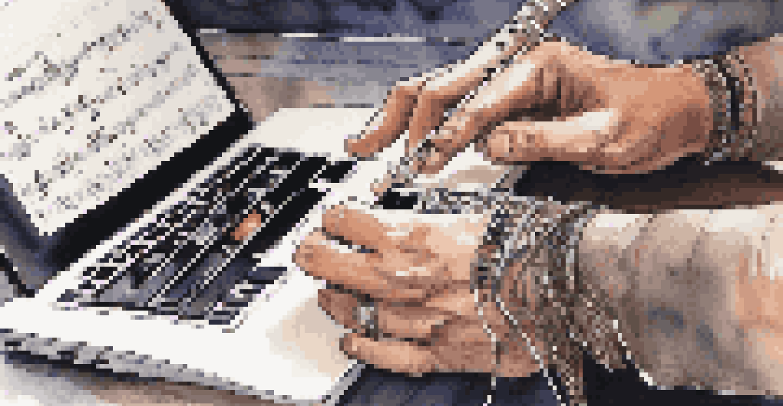 Close-up of a musician's hands playing guitar with a notebook and laptop in a softly lit environment.