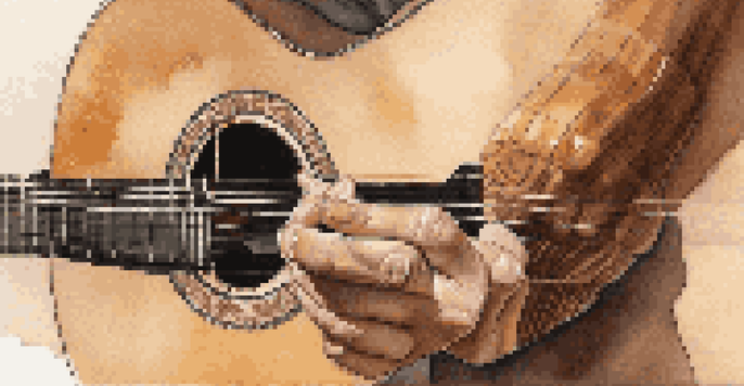 A close-up view of a classical guitar fingerboard with fingers positioned above the strings, showcasing the warm wood tones and soft lighting.