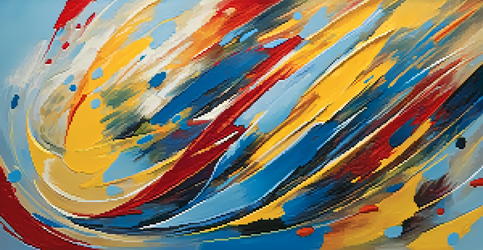 An abstract painting with dynamic brush strokes in bright colors, depicting energy and movement inspired by jazz music.