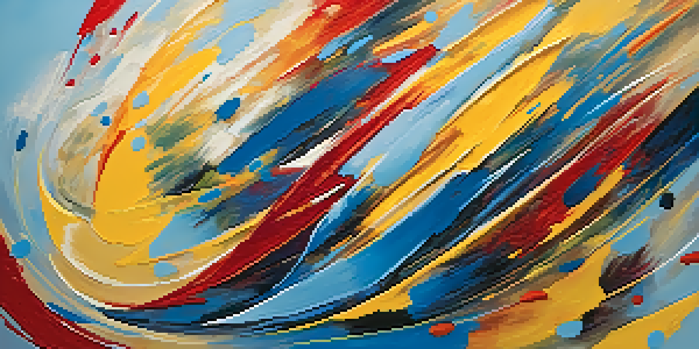 An abstract painting with dynamic brush strokes in bright colors, depicting energy and movement inspired by jazz music.