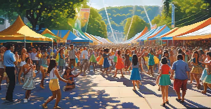 A lively street festival featuring diverse musicians performing on stage, surrounded by a crowd dancing and enjoying the music.