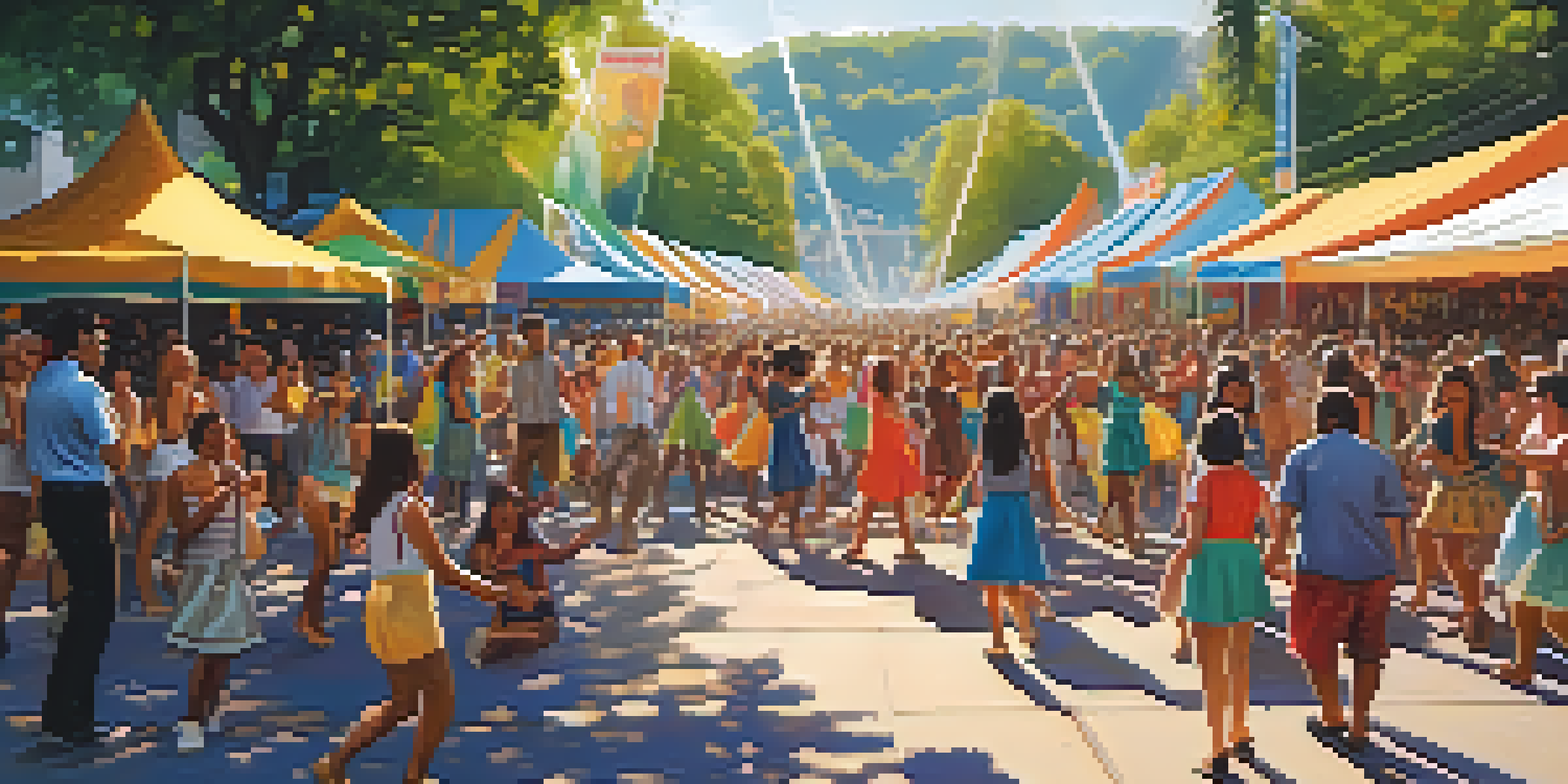 A lively street festival featuring diverse musicians performing on stage, surrounded by a crowd dancing and enjoying the music.