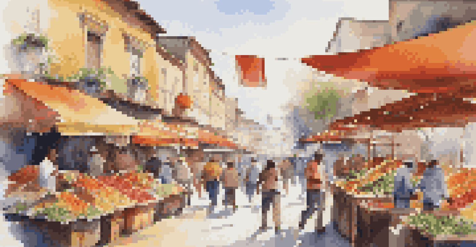 A colorful market scene with a vendor playing upbeat music, attracting bustling customers among vibrant stalls filled with goods.