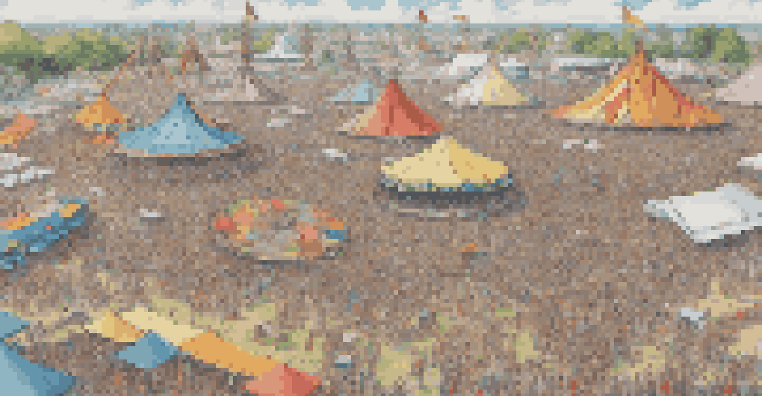 An aerial view of a bustling music festival showcasing vibrant tents, food stalls, and thousands of attendees enjoying the festivities under a clear blue sky.