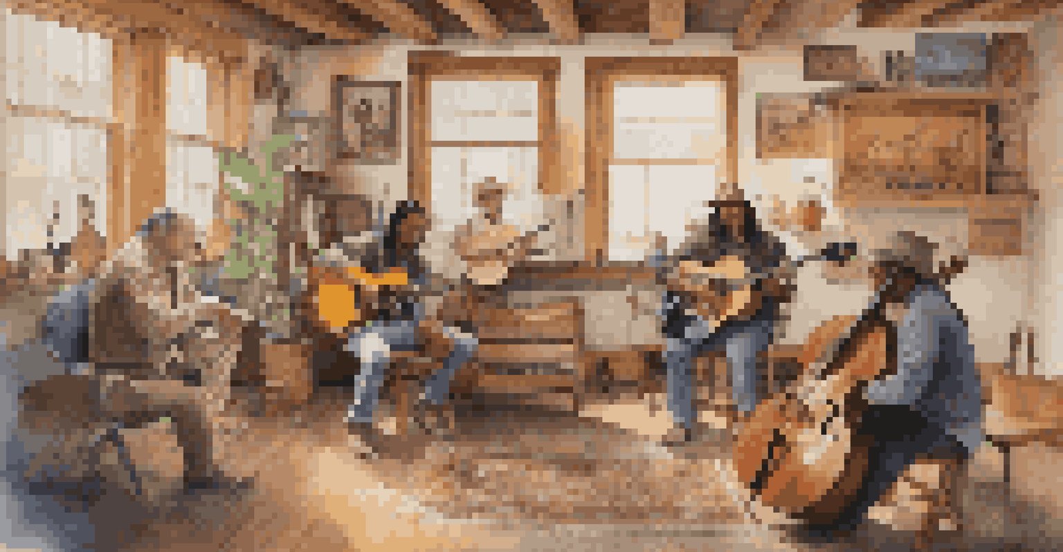 A cozy music studio where a Western artist collaborates with Indigenous musicians, surrounded by cultural art and instruments, emphasizing respectful dialogue.