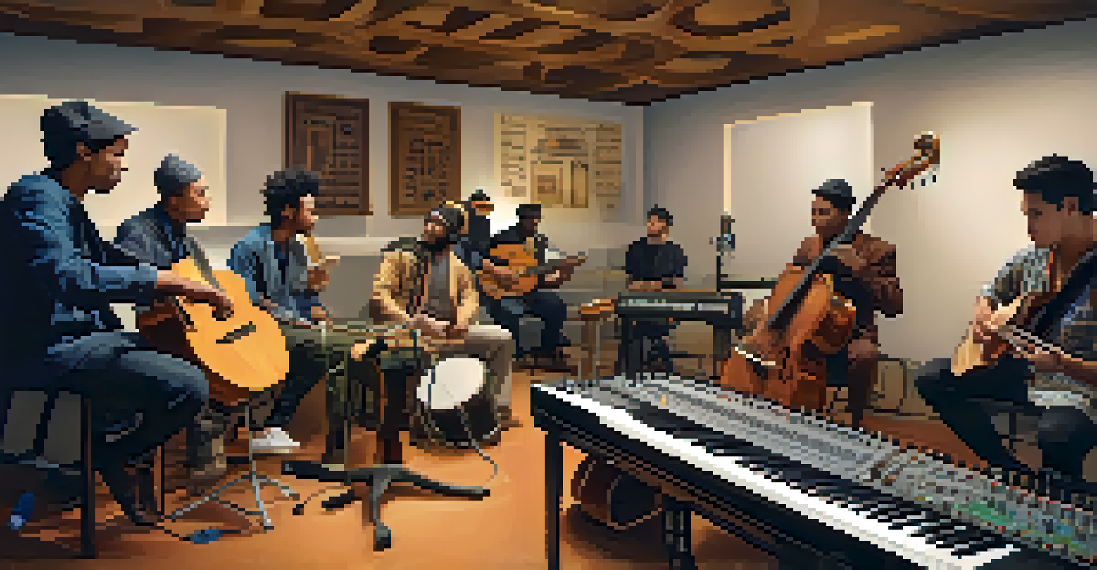 Musicians from various cultures in a recording studio, playing traditional and modern instruments together, with soft lighting.