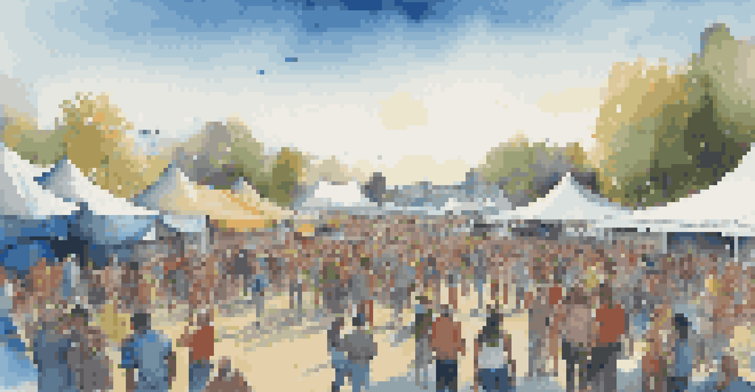 A lively outdoor music festival with a crowd enjoying performances under a blue sky and colorful tents.