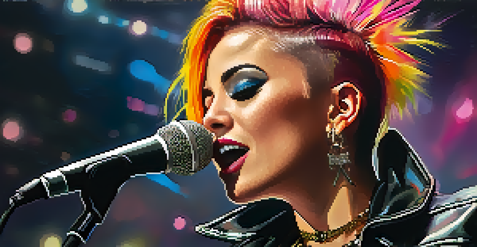 A female punk musician passionately singing, showcasing her colorful hair and bold fashion, representing punk culture.