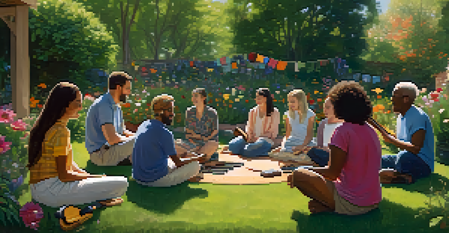 A group music therapy session in a garden, with participants singing and engaging in a circle led by a therapist.