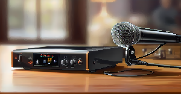A close-up of a professional wireless microphone set including a handheld microphone, a lavalier microphone, and a transmitter on a wooden table.