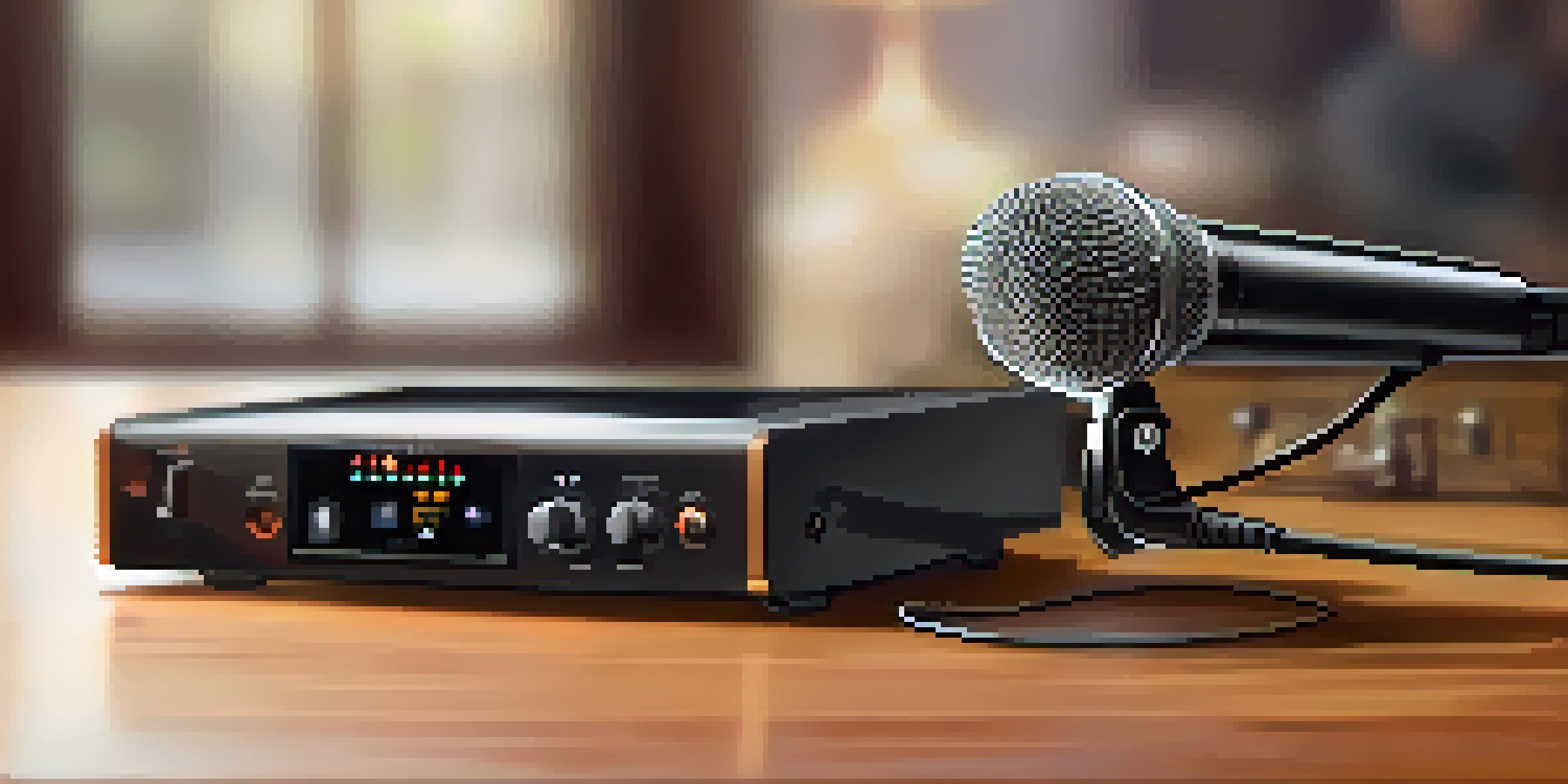 A close-up of a professional wireless microphone set including a handheld microphone, a lavalier microphone, and a transmitter on a wooden table.