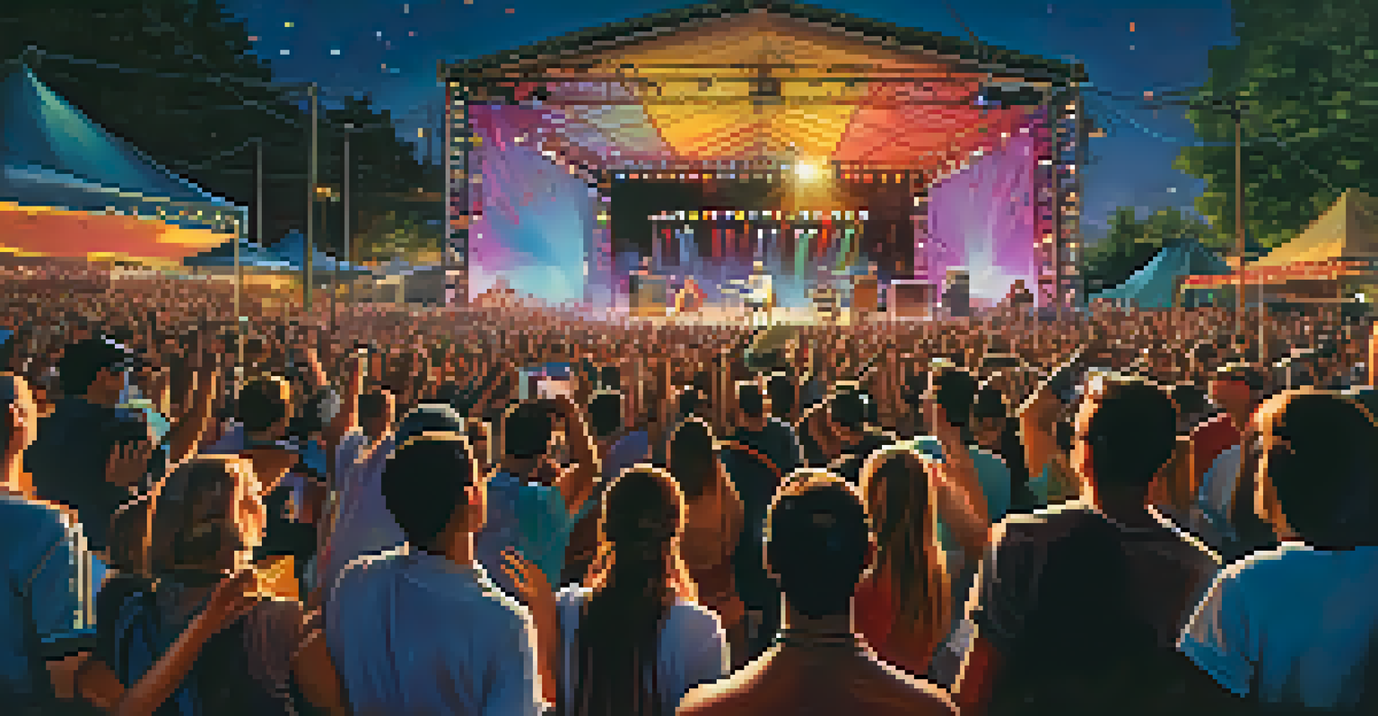 An artist performing live on stage at a vibrant outdoor festival with a cheering crowd.