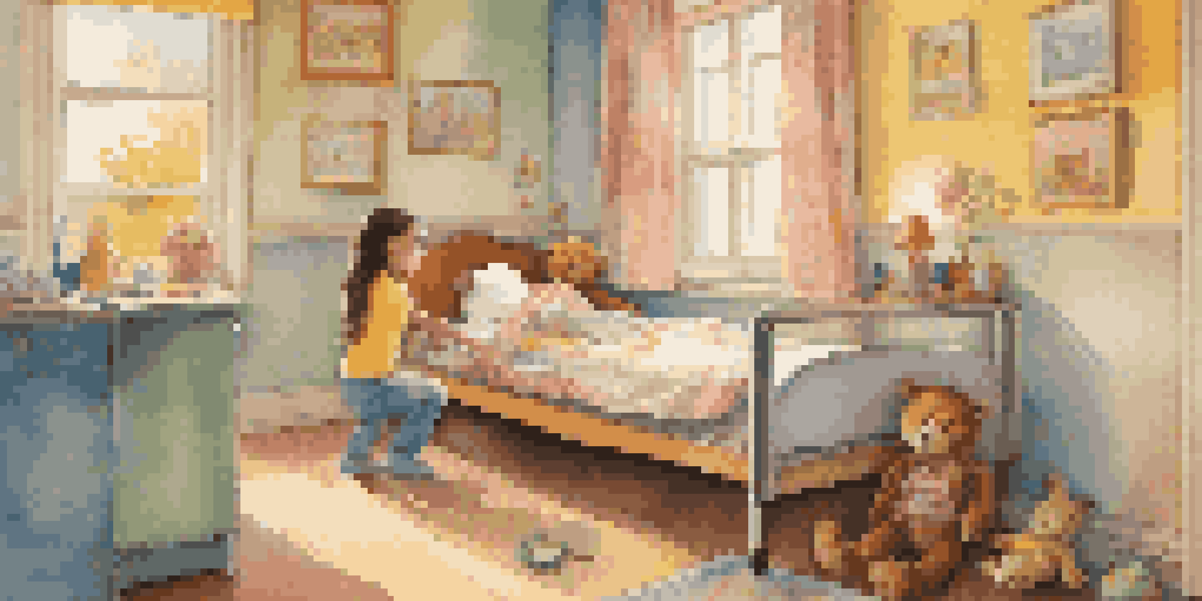 A pediatric nurse playing a guitar for a smiling child in a brightly decorated hospital room.