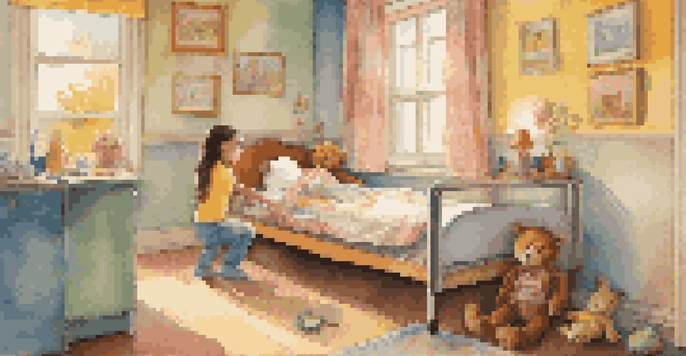 A pediatric nurse playing a guitar for a smiling child in a brightly decorated hospital room.