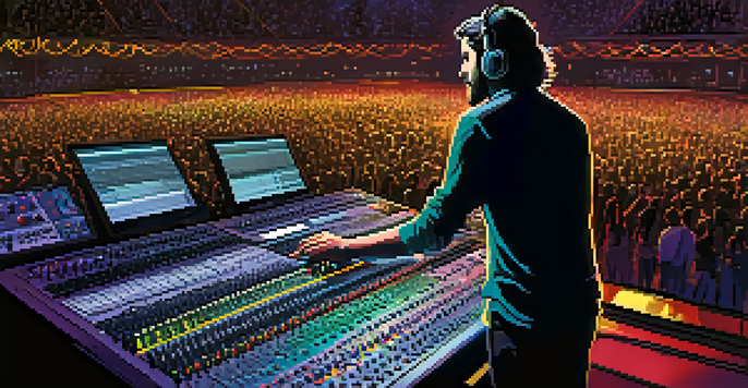 A sound engineer adjusting audio equipment in a concert venue, with colorful stage lights and an eager audience in the background.