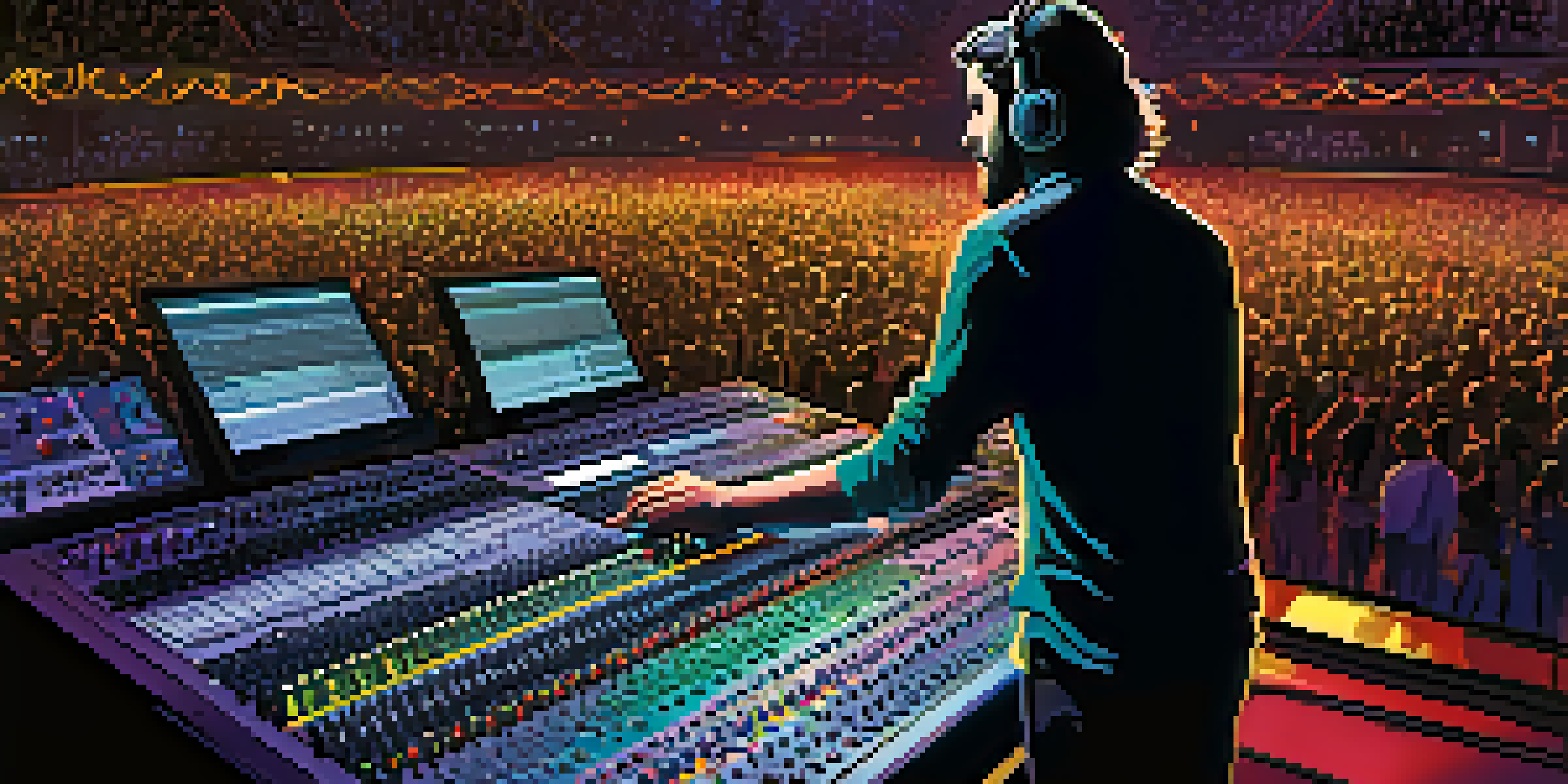 A sound engineer adjusting audio equipment in a concert venue, with colorful stage lights and an eager audience in the background.