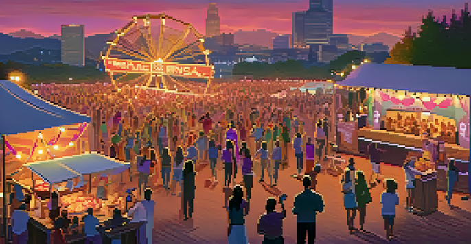 A vibrant outdoor country music festival at sunset with a dancing couple and illuminated food trucks.