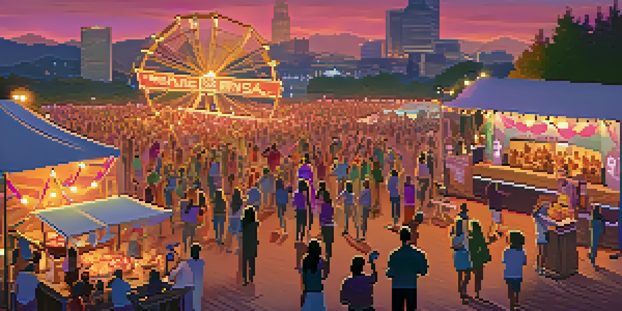 A vibrant outdoor country music festival at sunset with a dancing couple and illuminated food trucks.