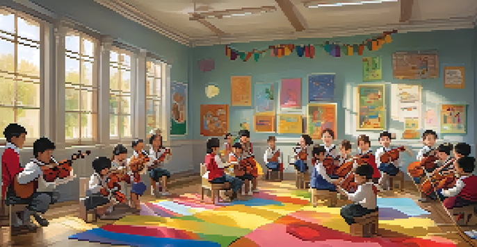 A colorful classroom with children playing instruments during a music lesson, with a teacher guiding them.