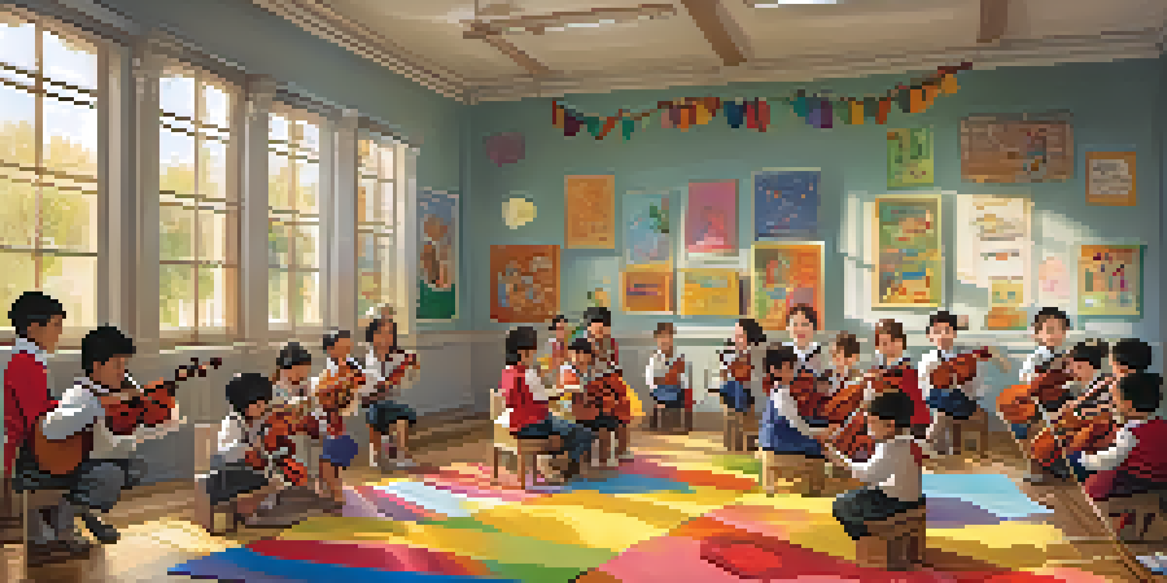 A colorful classroom with children playing instruments during a music lesson, with a teacher guiding them.