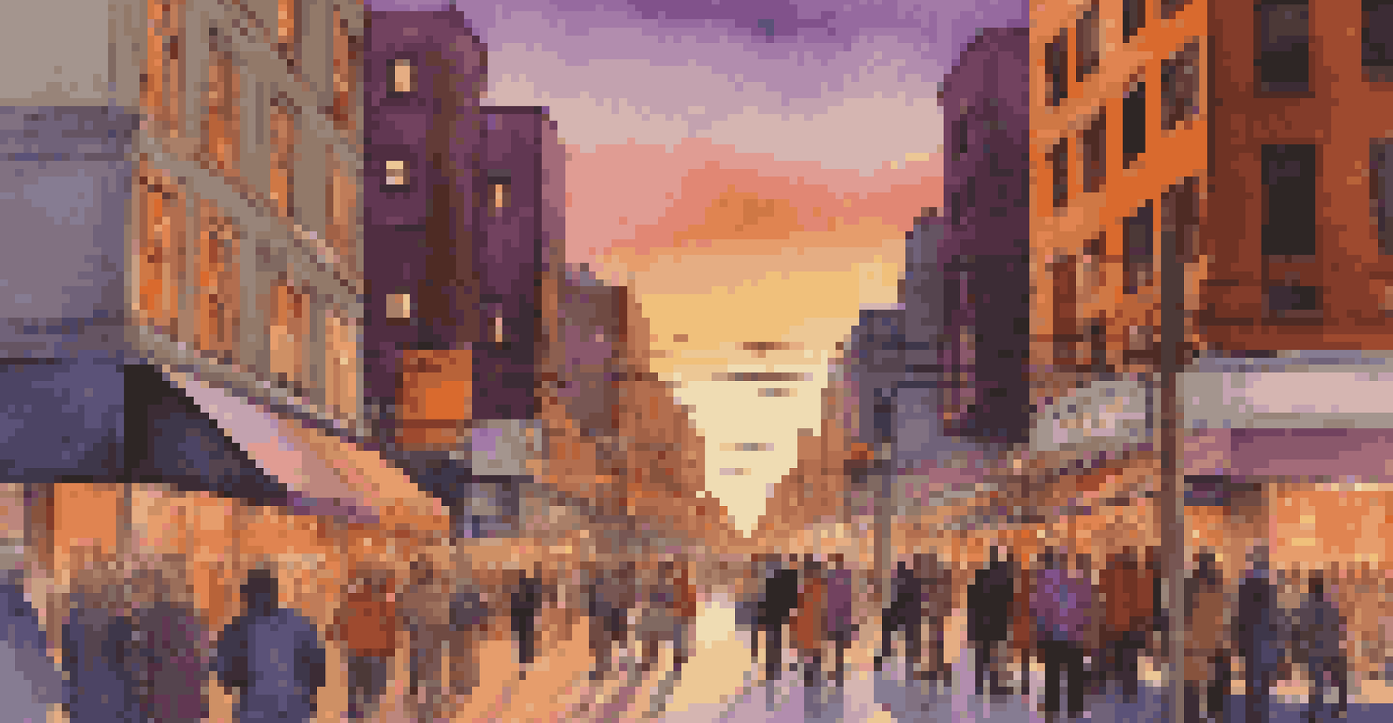 A lively city street at sunset with people and vibrant lights, representing an urban soundscape filled with energy.