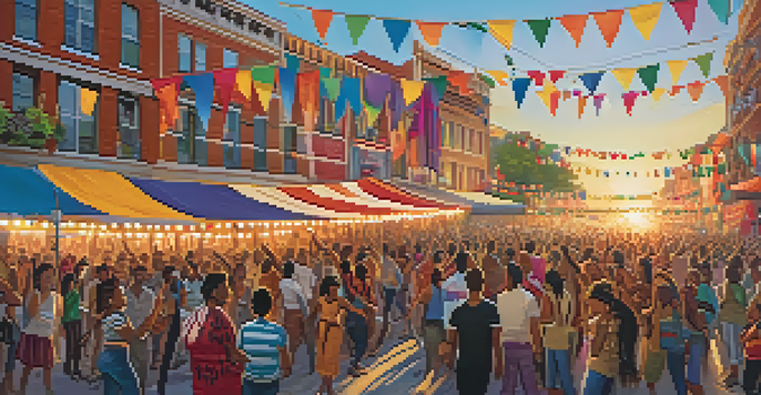 A lively street festival featuring diverse groups of people dancing and enjoying music, with colorful banners and a sunset in the background.