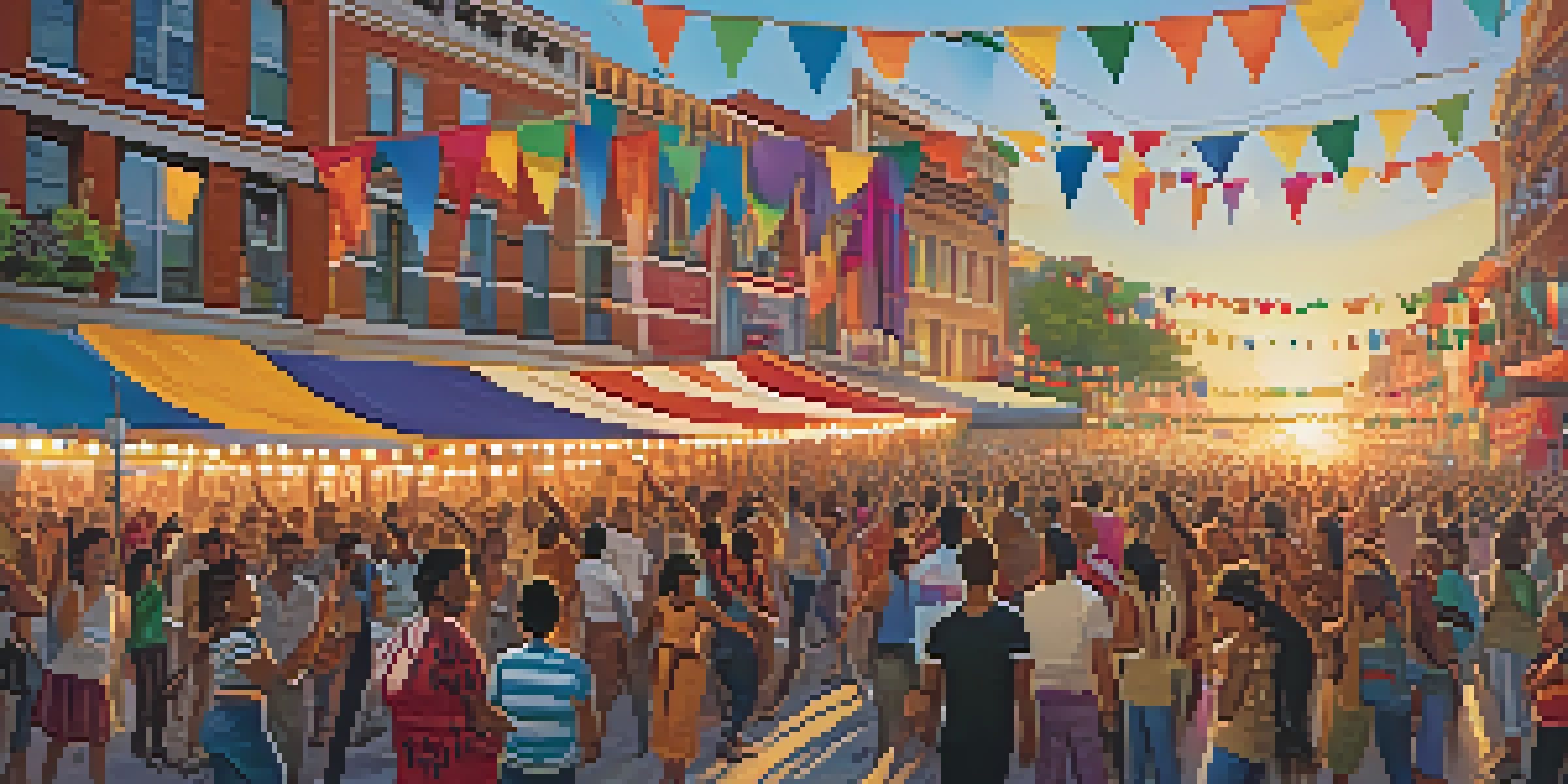 A lively street festival featuring diverse groups of people dancing and enjoying music, with colorful banners and a sunset in the background.
