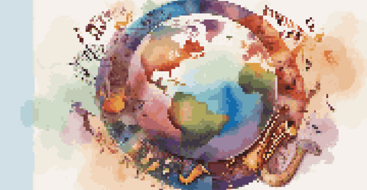A globe surrounded by musical notes and instruments from various cultures, illustrating global cultural exchange in music with a colorful background.