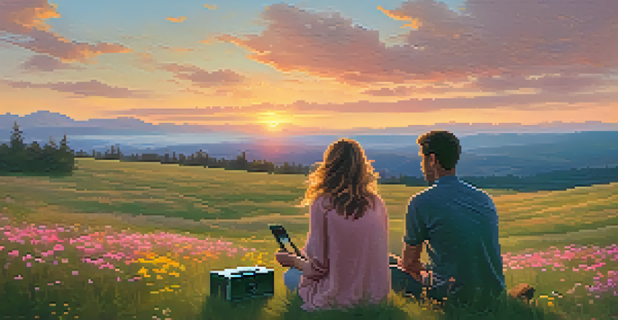 A peaceful scene of two individuals on a hill, listening to music with a sunset backdrop and colorful flowers around them.