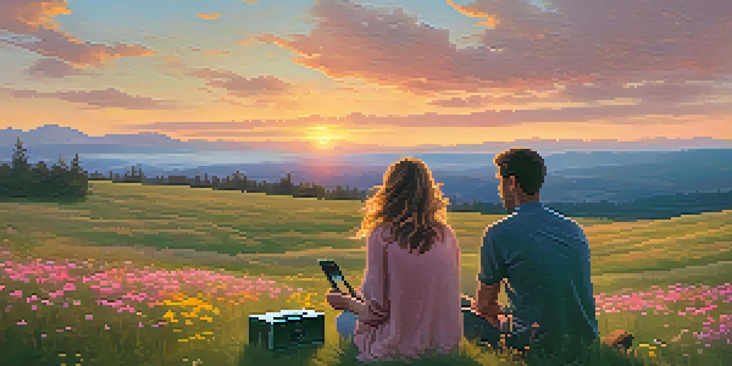 A peaceful scene of two individuals on a hill, listening to music with a sunset backdrop and colorful flowers around them.