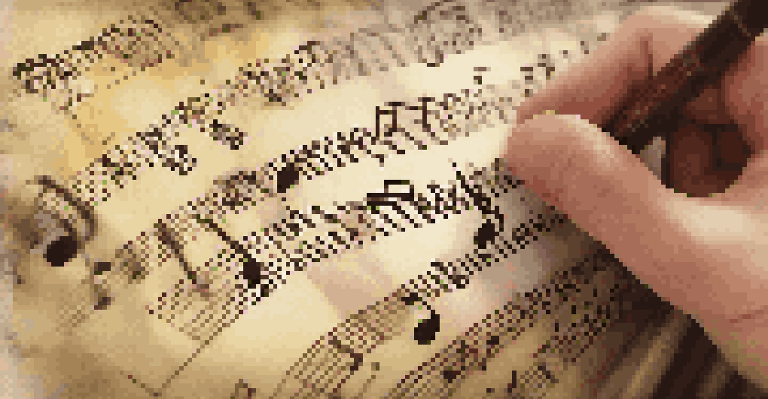A close-up of a hand holding an old sheet music score with blurred technology in the background.