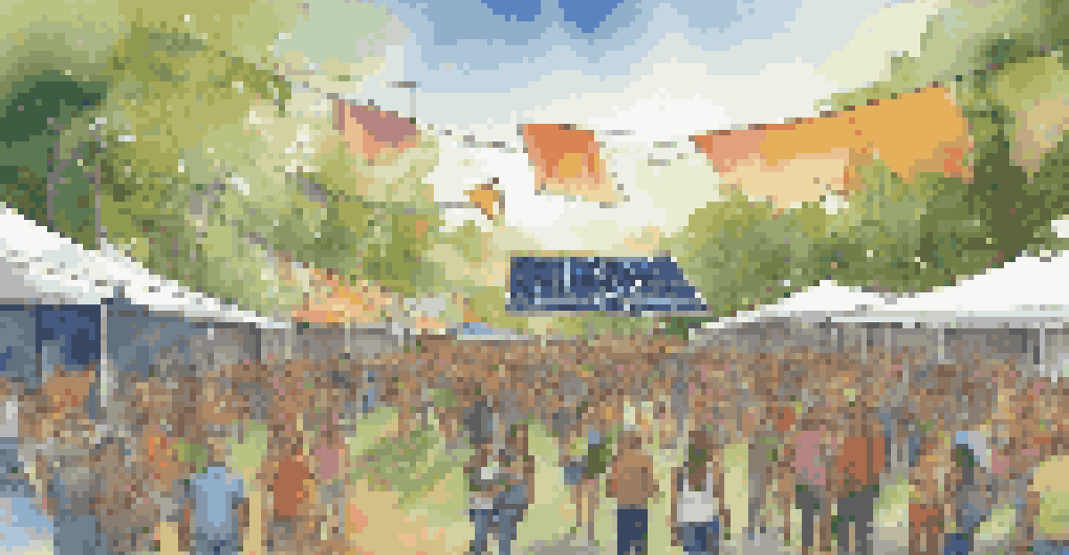 A vibrant music festival scene showcasing sustainable technologies like solar panels and eco-friendly lighting, with an engaged audience in a lush green environment.