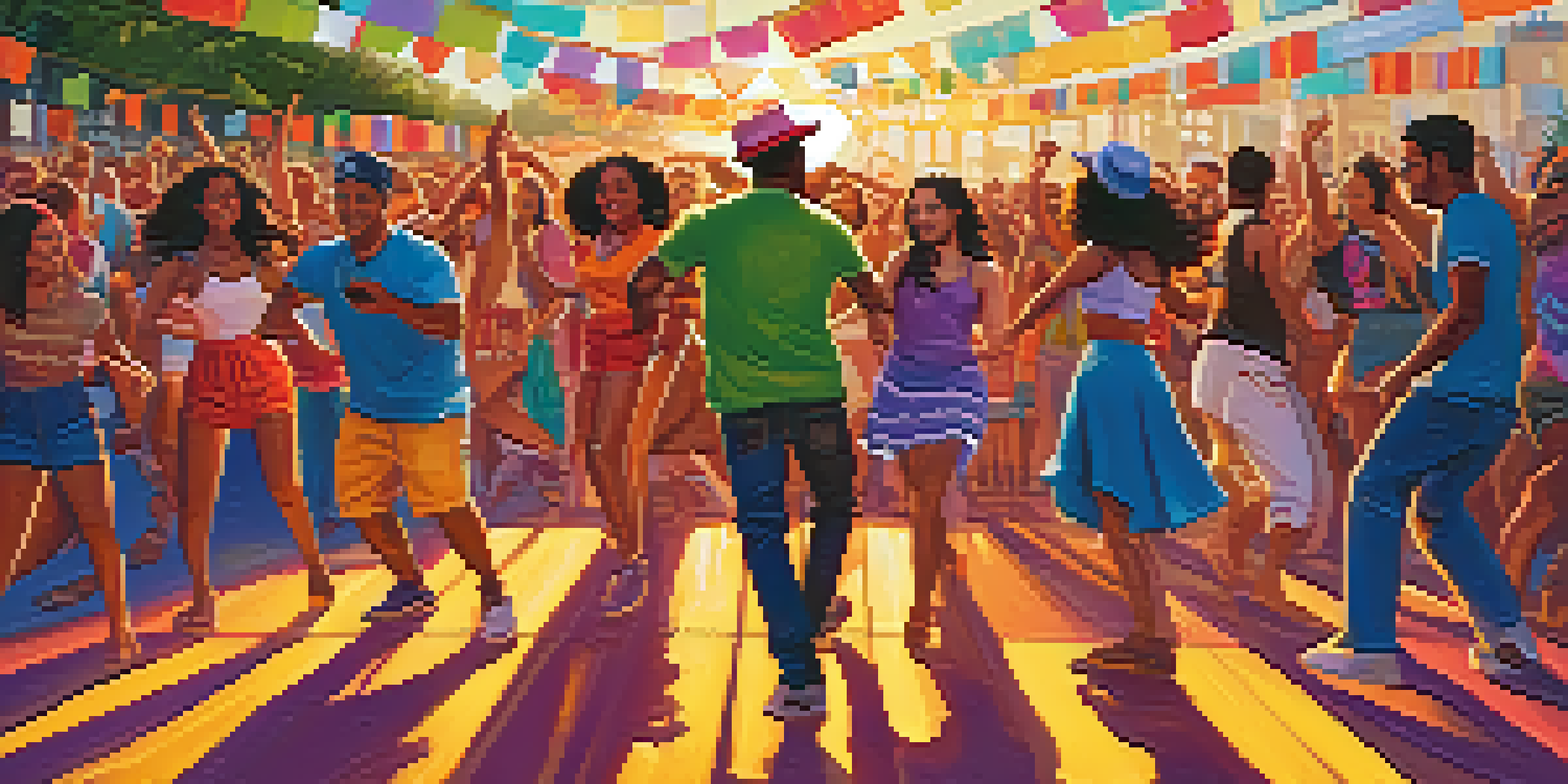 An outdoor Latin music festival with a diverse crowd dancing and enjoying the music, colorful banners and lights, and a sunset in the background.