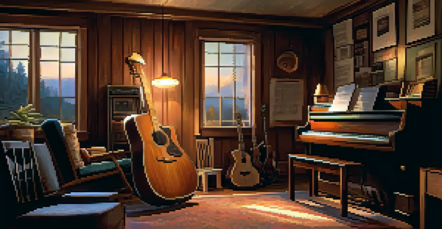 A guitarist seated in a cozy music room, surrounded by guitars and sheet music, playing with focus in a warm light.